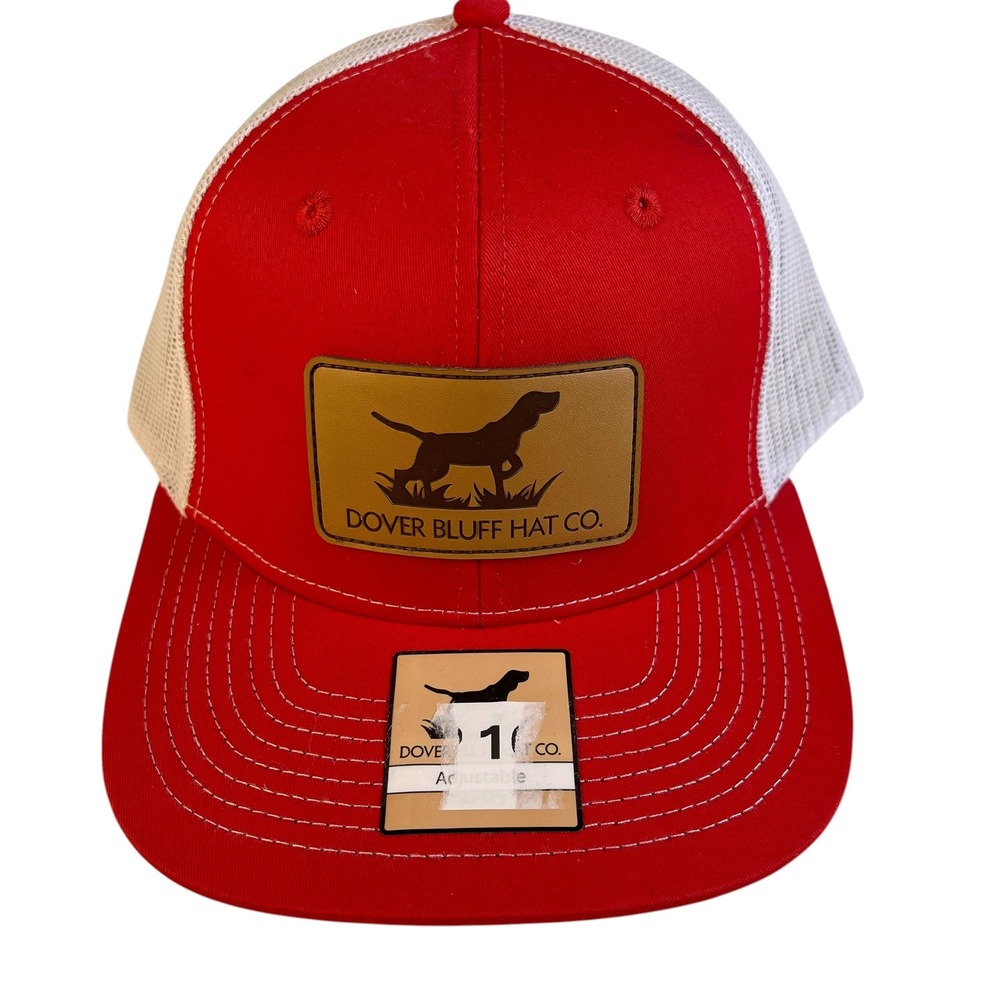 Dover Bluff Hat Co Red White Mesh Trucker Hat Snapback Hunting Dog Patch Cap